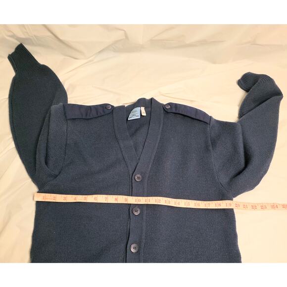 Military Equipment Button Cardigan Sweater Men's 44R Navy Elbow Patch Wool Blend - Picture 6 of 7